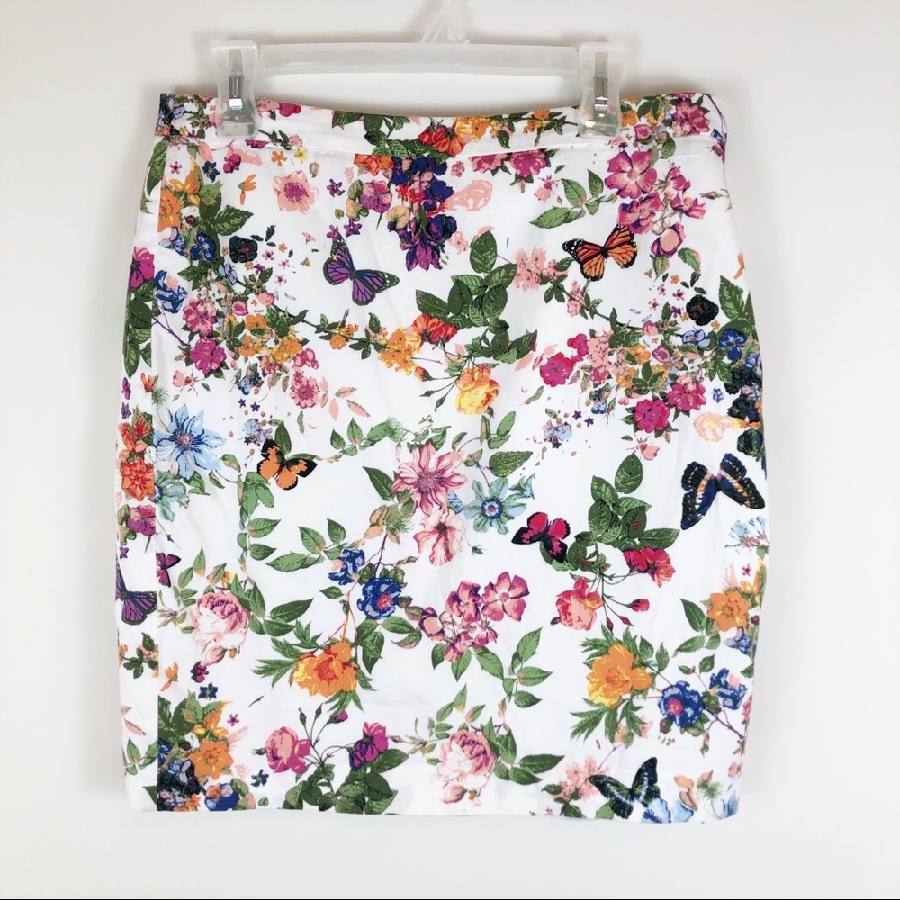 LOFT Cotton Pencil Skirt Spring Floral Butterfly